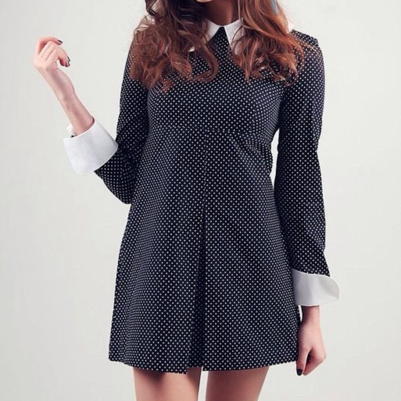 1960s Inspired Mod Dress – Black & White Polka Dot w/ Peter Pan Collar - Picture 1 of 5